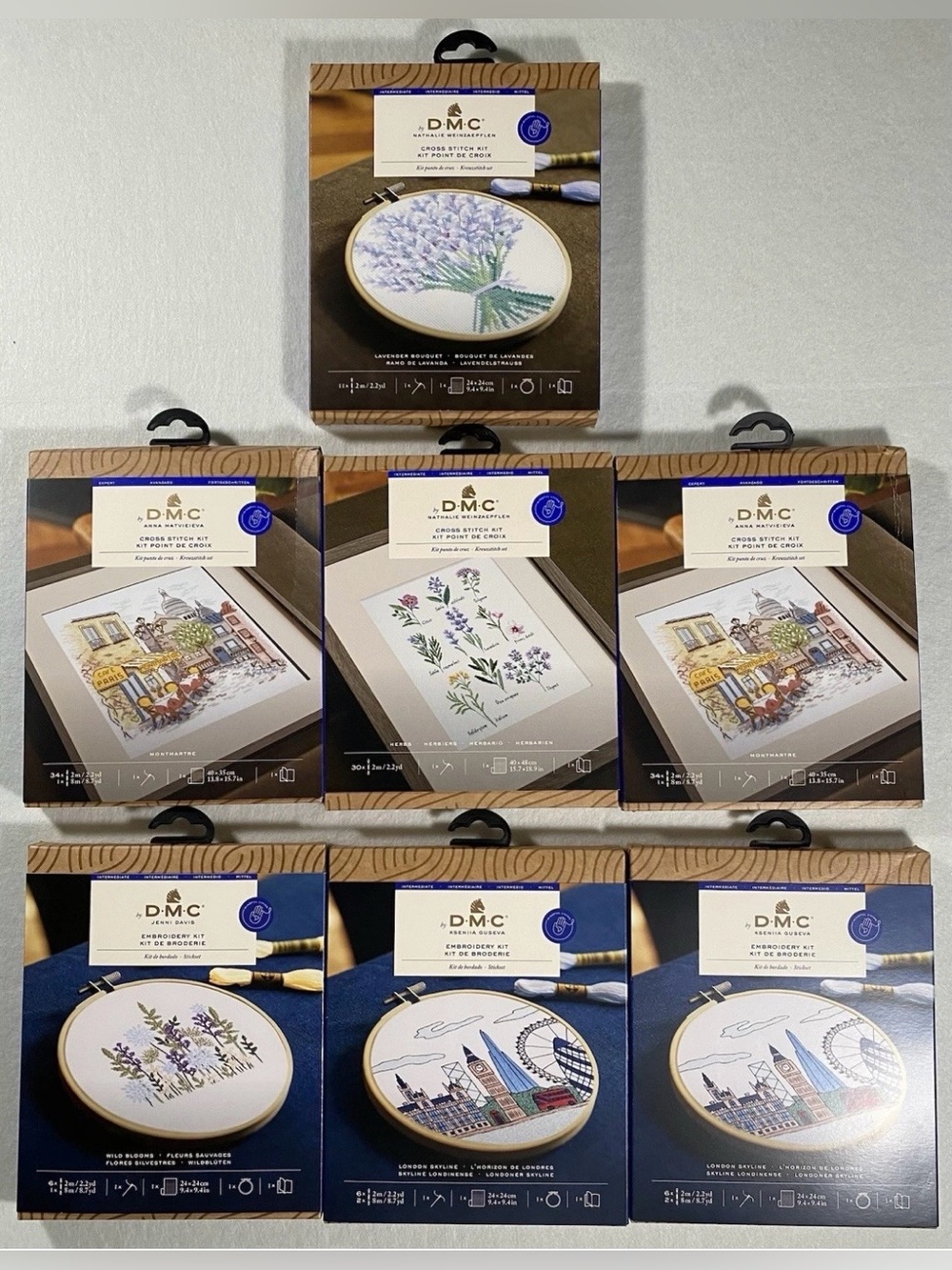 DMC Embroidery Kit Bundle – Floral & City Designs in Blue, Purple, Green